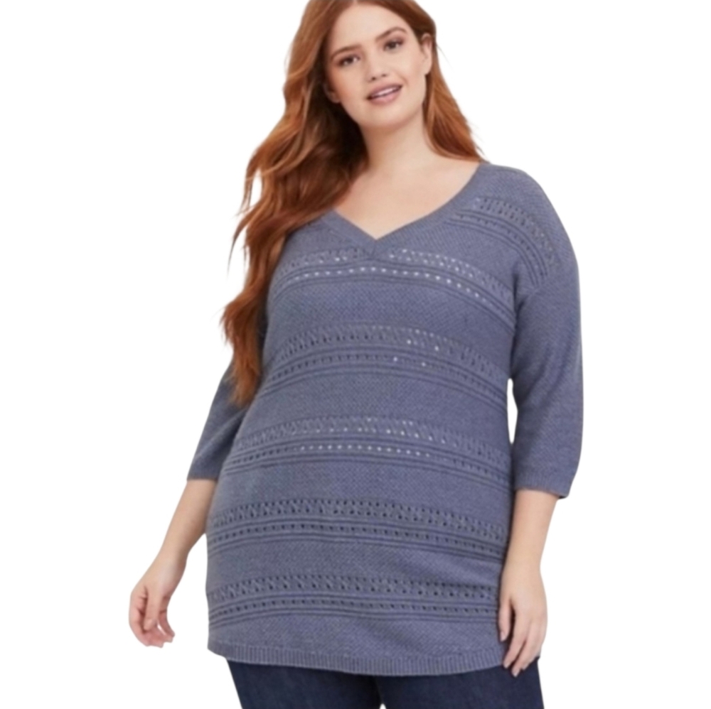Torrid Blue Sweater Grey Mix Stitch Tunic Long Length Summer Travel